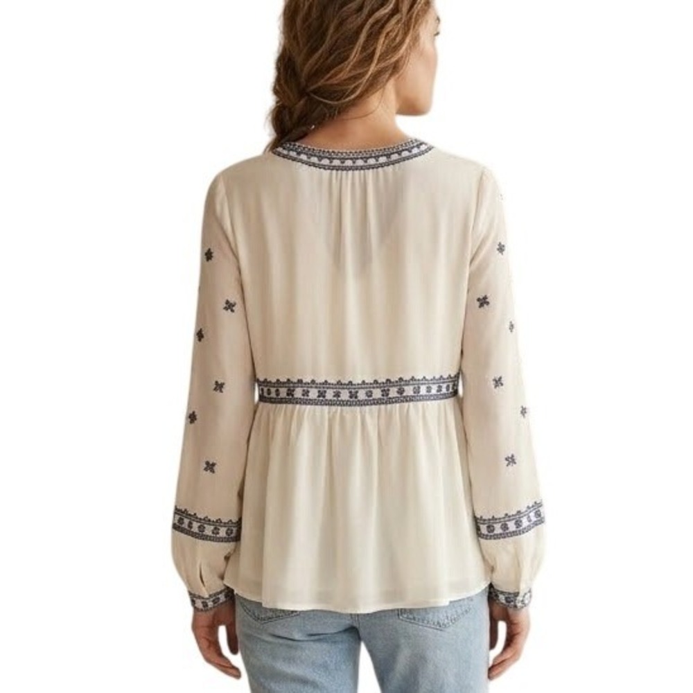 Stella & Dot MAETTE Cream Navy Blue Embroidered V-Neck Boho Peplum Blouse Small - Picture 4 of 7